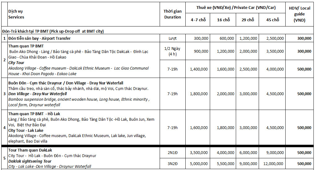 BẢNG GIÁ THUÊ XE TOUR - HƯỚNG DẪN VIÊN BUÔN MA THUỘT DAKLAK
